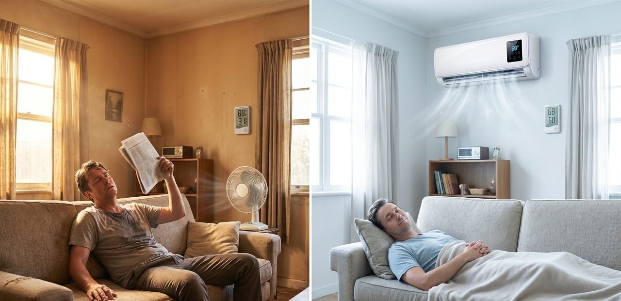 The same room before and after AerioQ — hot to cool